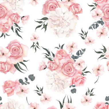 Suluboya elle kusursuz desen, beyaz arka planda izole edilmiş çiçek ve yapraklar çizer.