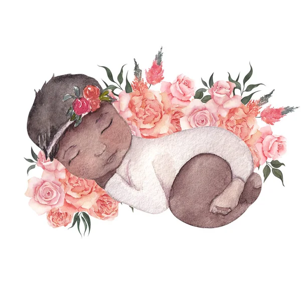 Aquarel Illustratie Met Schattige Baby Bloemen Samenstelling Geïsoleerd Witte Achtergrond — Stockfoto