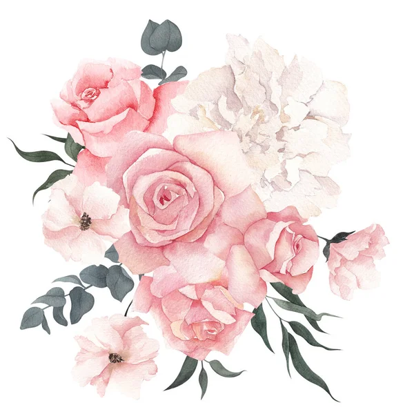 Akwarelowy Bukiet Eleganckimi Kwiatami Liśćmi Izolowany Białym Tle — Zdjęcie stockowe