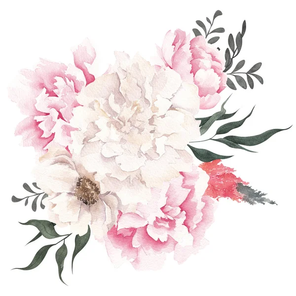 Akvarell Bukett Med Eleganta Blommor Och Blad Isolerade Vit Bakgrund — Stockfoto