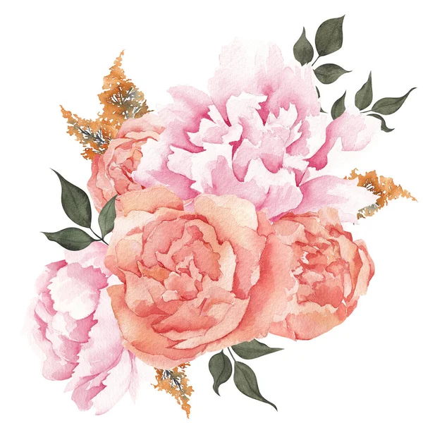 Aquarel Boeket Met Elegante Bloemen Bladeren Geïsoleerd Witte Achtergrond — Stockfoto