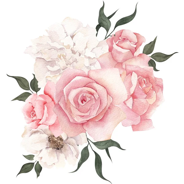 Akvarell Bukett Med Eleganta Blommor Och Blad Isolerade Vit Bakgrund — Stockfoto