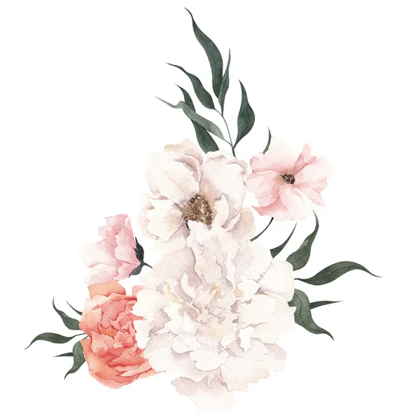 Υδατογραφία Μπουκέτο Κομψά Λουλούδια Και Φύλλα Που Απομονώνονται Λευκό Φόντο — Φωτογραφία Αρχείου