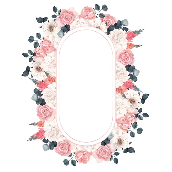 Watercolor Frame Elegant Flowers Isolated White Background — Stock Photo, Image