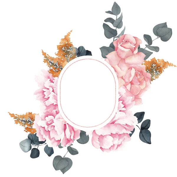 Akvarel Rám Elegantními Květy Izolované Bílém Pozadí — Stock fotografie