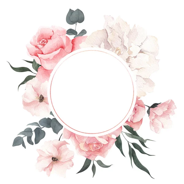 Moldura Aquarela Com Flores Elegantes Isolado Fundo Branco — Fotografia de Stock