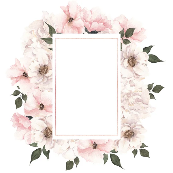 Moldura Aquarela Com Flores Elegantes Isolado Fundo Branco — Fotografia de Stock