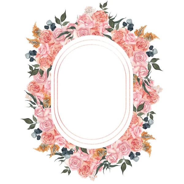 Aquarel Frame Met Elegante Bloemen Geïsoleerd Witte Achtergrond — Stockfoto