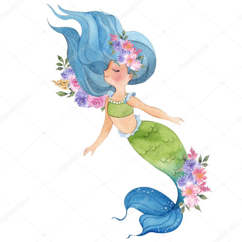 Watercolor illustration with cute mermaid and floral bouquet, isolated on white background