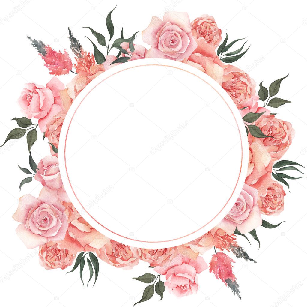 Watercolor frame with elegant flowers, isolated on white background