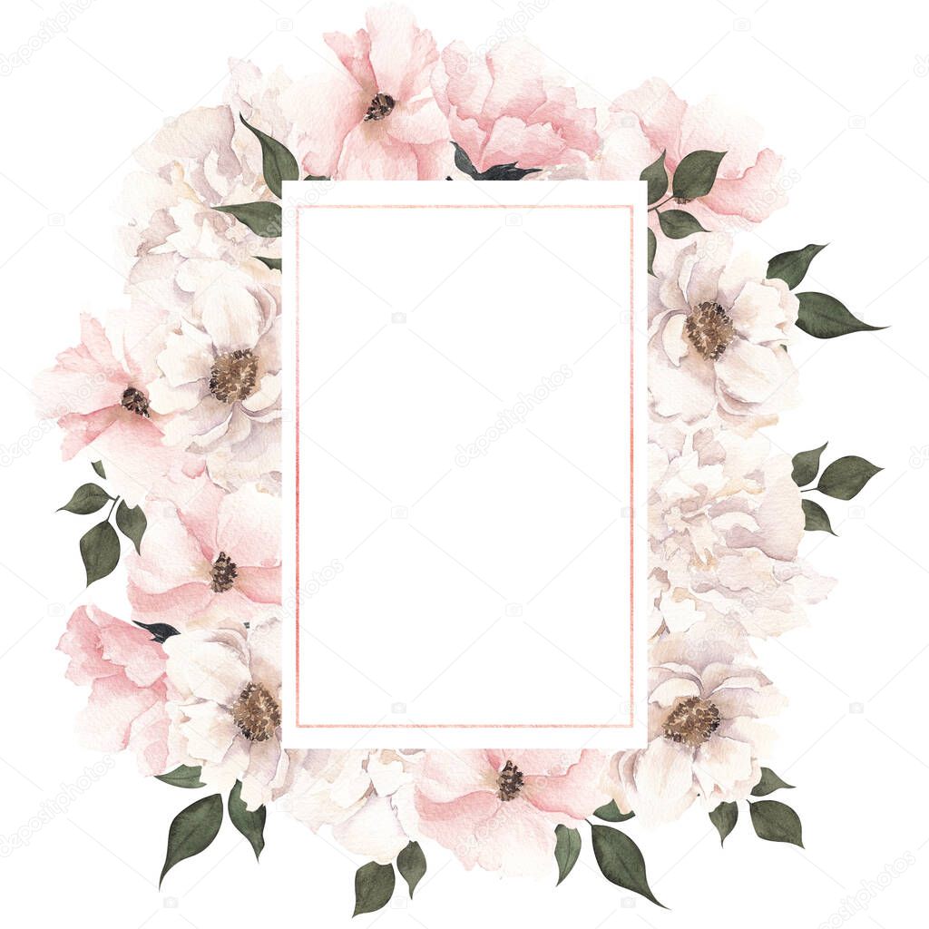 Watercolor frame with elegant flowers, isolated on white background