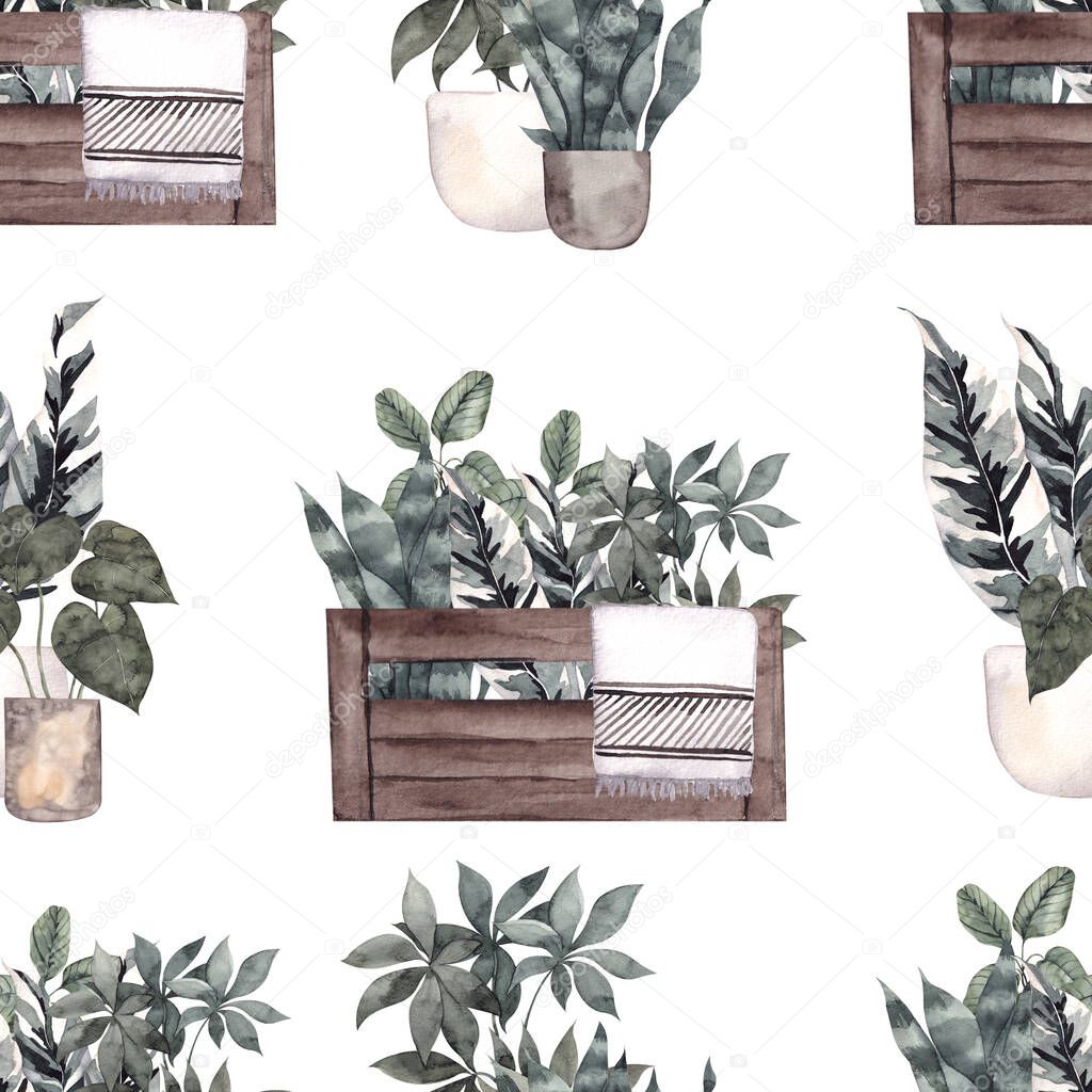 Seamless pattern with watercolor hand draw potted plants. Isolated on white background