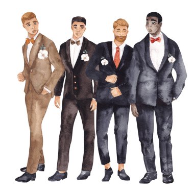 Damat ve arkadaşlarıyla suluboya düğün illüstrasyonu, beyaz arka planda izole