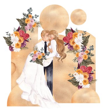 Suluboya düğün illüstrasyonu. Oldukça evli ve çiçekli, beyaz arka planda izole edilmiş.