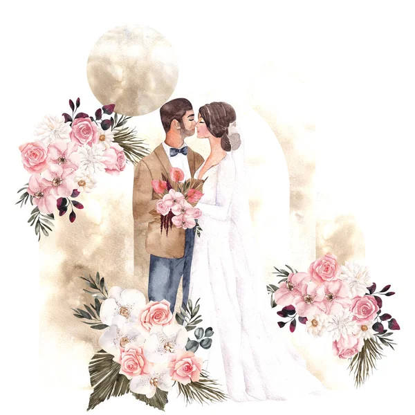 Aquarell Hochzeitsillustration Ziemlich Verheiratete Und Florale Komposition Isoliert Auf Weißem — Stockfoto