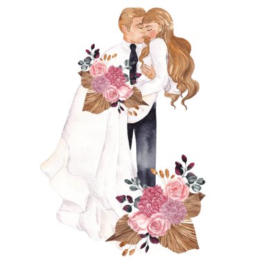 Suluboya düğün illüstrasyonu. Oldukça evli ve çiçekli, beyaz arka planda izole edilmiş.