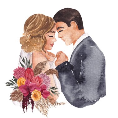 Suluboya düğün illüstrasyonu. Oldukça evli ve çiçekli, beyaz arka planda izole edilmiş.
