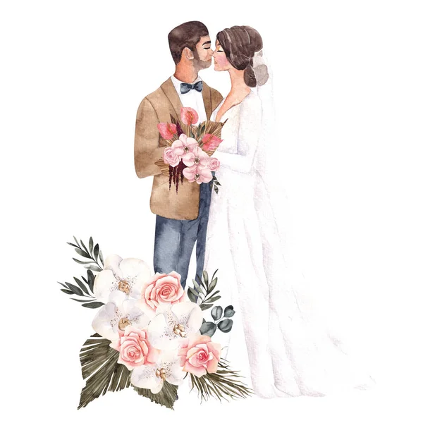 Aquarell Hochzeitsillustration Ziemlich Verheiratete Und Florale Komposition Isoliert Auf Weißem — Stockfoto