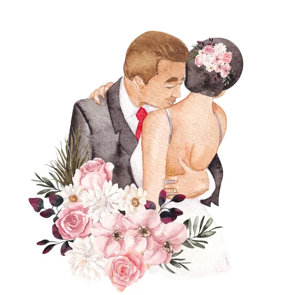 Aquarell Hochzeitsillustration Ziemlich Verheiratete Und Florale Komposition Isoliert Auf Weißem — Stockfoto