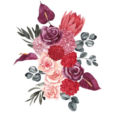 Suluboya buket. Kurumuş çiçekler, palmiye yaprakları ve otlar, beyaz arka planda izole edilmiş.