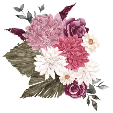 Suluboya buket. Kurumuş çiçekler, palmiye yaprakları ve otlar, beyaz arka planda izole edilmiş.