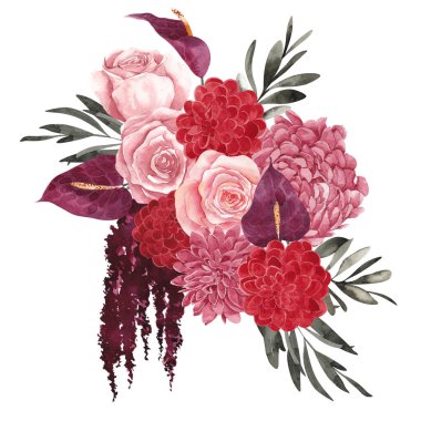 Suluboya buket. Kurumuş çiçekler, palmiye yaprakları ve otlar, beyaz arka planda izole edilmiş.