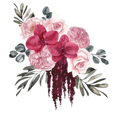 Suluboya buket. Kurumuş çiçekler, palmiye yaprakları ve otlar, beyaz arka planda izole edilmiş.