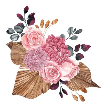 Suluboya buket. Kurumuş çiçekler, palmiye yaprakları ve otlar, beyaz arka planda izole edilmiş.