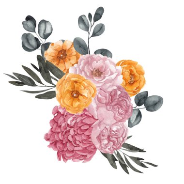 Suluboya buket. Kurumuş çiçekler, palmiye yaprakları ve otlar, beyaz arka planda izole edilmiş.