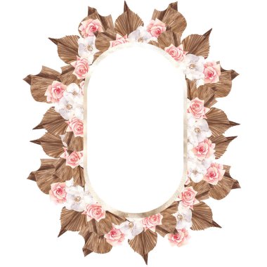 Boho tarzında suluboya çerçeve, kurutulmuş palmiye yaprakları, çiçekler, otlar, beyaz arka planda izole edilmiş