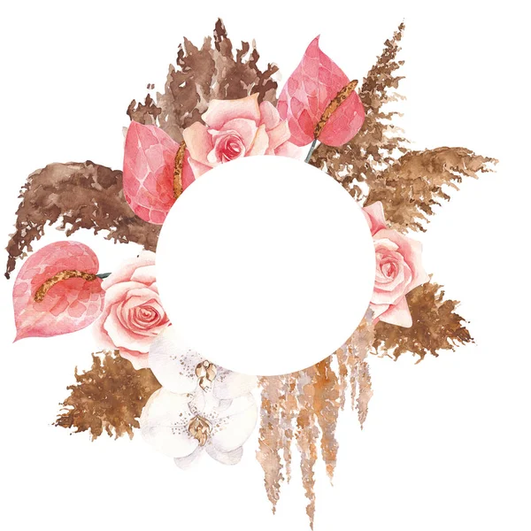 Cadre Aquarelle Style Boho Avec Feuilles Palmier Séchées Fleurs Herbe — Photo