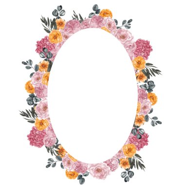 Boho tarzında suluboya çerçeve, kurutulmuş palmiye yaprakları, çiçekler, otlar, beyaz arka planda izole edilmiş