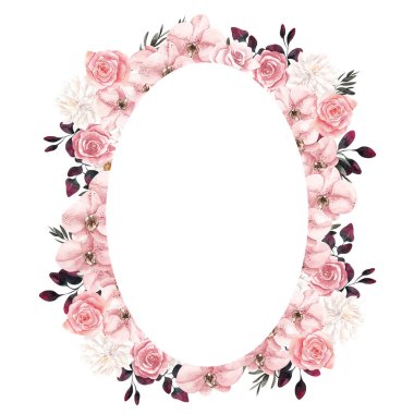 Boho tarzında suluboya çerçeve, kurutulmuş palmiye yaprakları, çiçekler, otlar, beyaz arka planda izole edilmiş