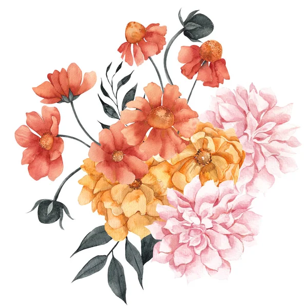 Aquarell Illustration Mit Blumen Pilz Und Kaktus Isoliert Auf Weißem — Stockfoto