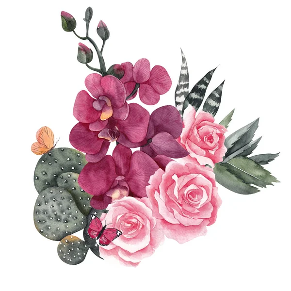 Illustration Aquarelle Avec Fleurs Champignons Cactus Isolée Sur Fond Blanc — Photo