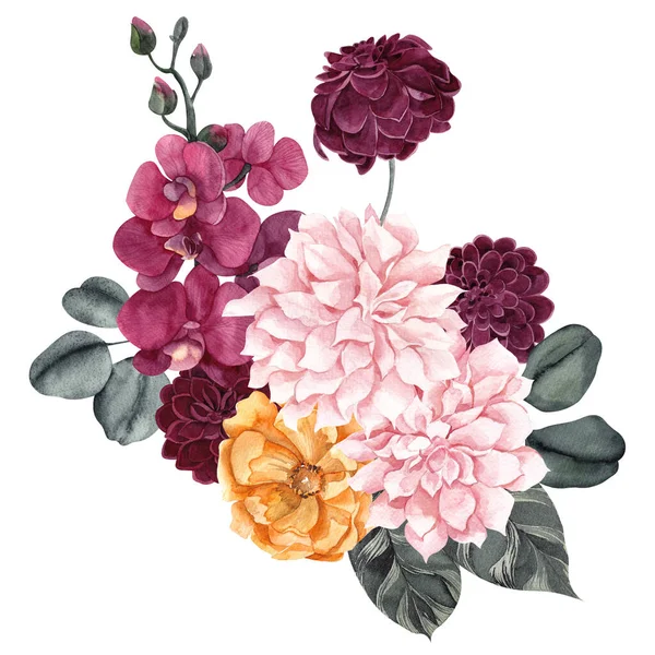 Beyaz arka planda izole edilmiş, çiçekli, mantarlı ve kaktüslü suluboya resim