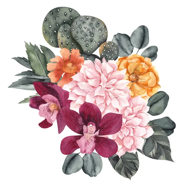 Ilustração Aquarela Com Flores Cogumelo Cacto Isolado Sobre Fundo Branco — Fotografia de Stock