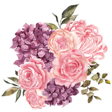 Suluboya sonbahar buketi. Güz çiçekleri, elma, böğürtlen ve yapraklar, beyaz arka planda izole