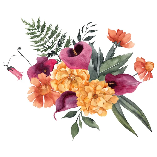 Aquarell Illustration Mit Blumenstrauß Und Pilz Isoliert Auf Weißem Hintergrund — Stockfoto