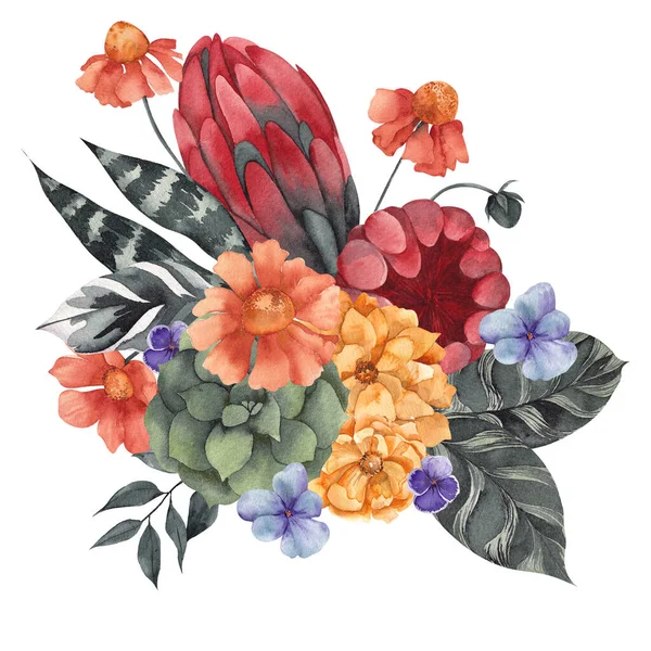 白い背景に隔離された花の花束とキノコと水彩イラスト — ストック写真