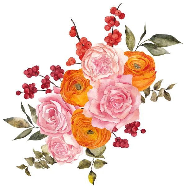 Akvarell Höst Bukett Vacker Höst Blommor Äpple Bär Och Blad — Stockfoto