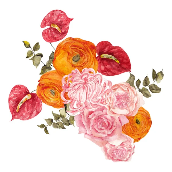 Υδατογραφία Φθινοπωρινό Μπουκέτο Όμορφα Φθινοπωρινά Λουλούδια Μήλο Μούρα Και Φύλλα — Φωτογραφία Αρχείου