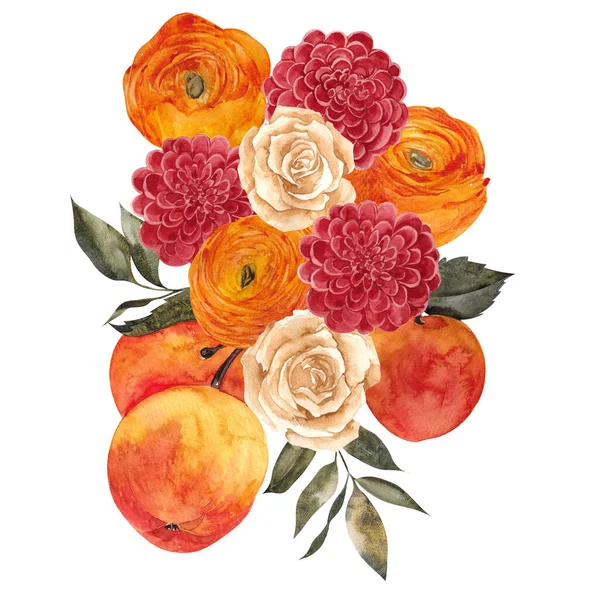 Υδατογραφία Φθινοπωρινό Μπουκέτο Όμορφα Φθινοπωρινά Λουλούδια Μήλο Μούρα Και Φύλλα — Φωτογραφία Αρχείου