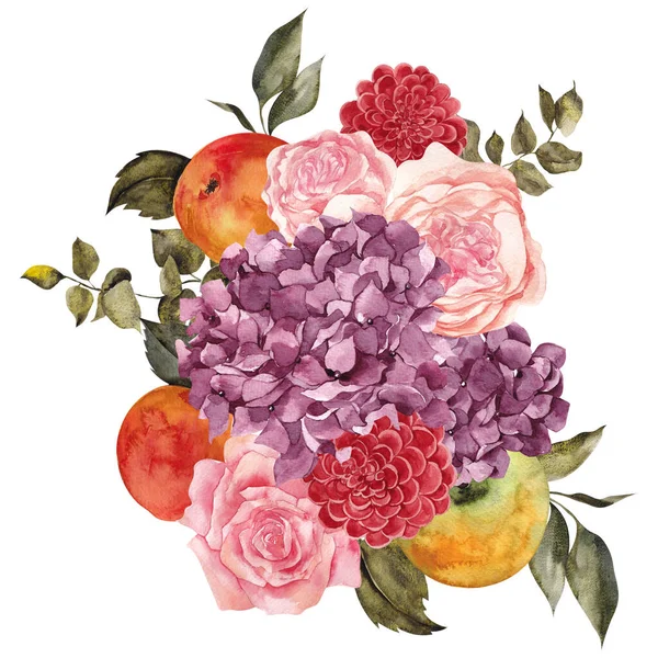 Akvarell Höst Bukett Vacker Höst Blommor Äpple Bär Och Blad — Stockfoto