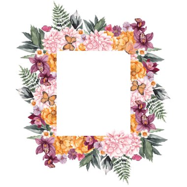 Tropikal çerçeveli suluboya çerçeve, güzel çiçekler, mantar ve kaktüs, beyaz arka planda izole edilmiş.