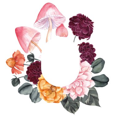 Beyaz arka planda izole edilmiş kaktüs, çiçek ve mantarlı suluboya çerçeve