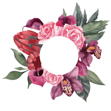 Tropikal çerçeveli suluboya çerçeve, güzel çiçekler, mantar ve kaktüs, beyaz arka planda izole edilmiş.