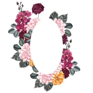 Beyaz arka planda izole edilmiş kaktüs, çiçek ve mantarlı suluboya çerçeve