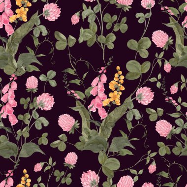 Renkli arka planda izole edilmiş, klasik çiçek ve bitkilerle kusursuz bir desen.