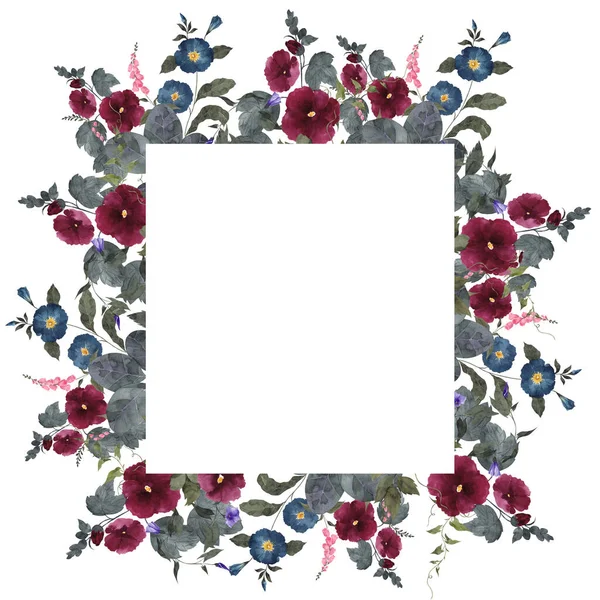 Watercolor vintage frame with wildflowers and forest herbs, isolated on white background